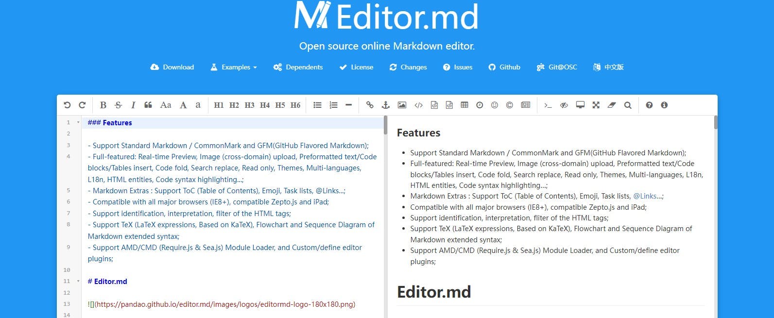 Editor.md - A feature-rich Markdown editor with syntax highlighting, emoji support, and mathematical formula rendering.
