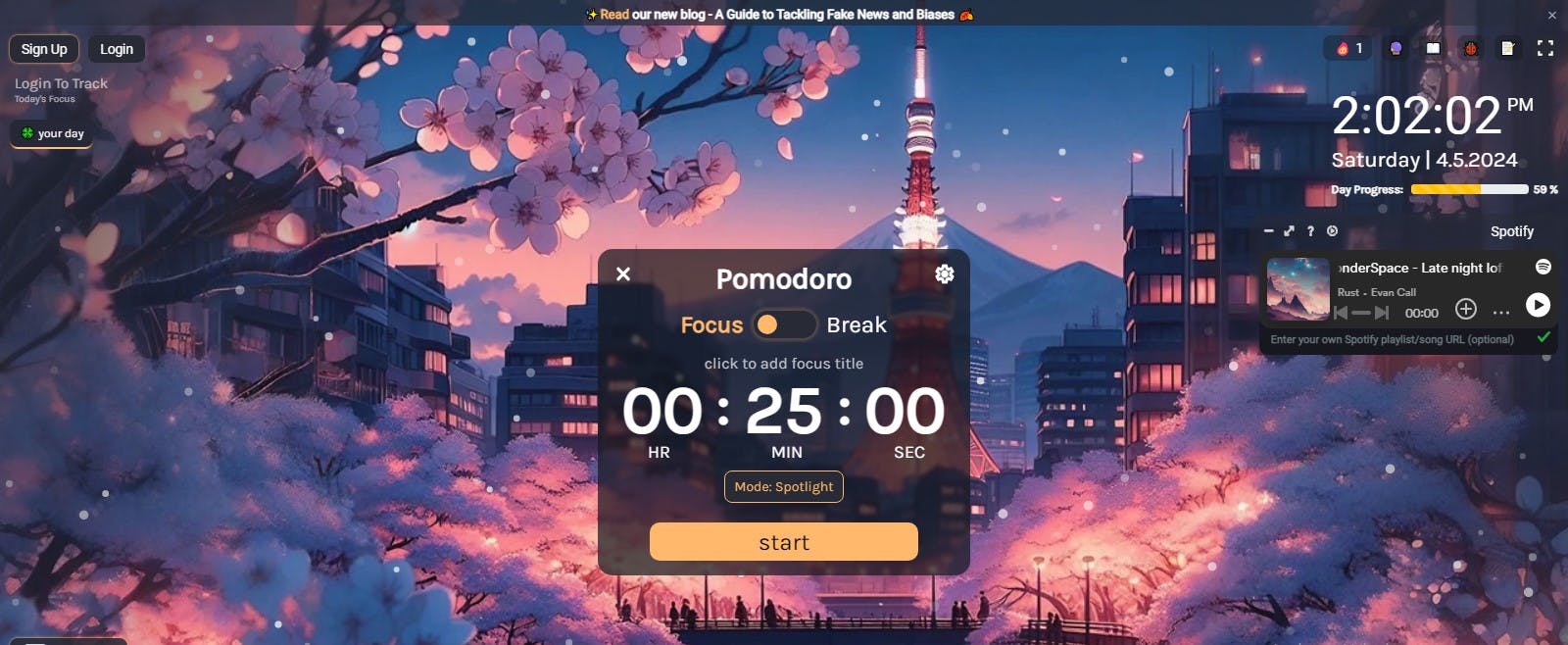 Beautiful Pomodoro timer with built-in LoFi music player and nature sounds.