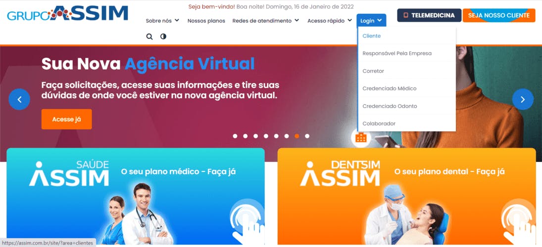 Página inicial do site Assim Saúde.