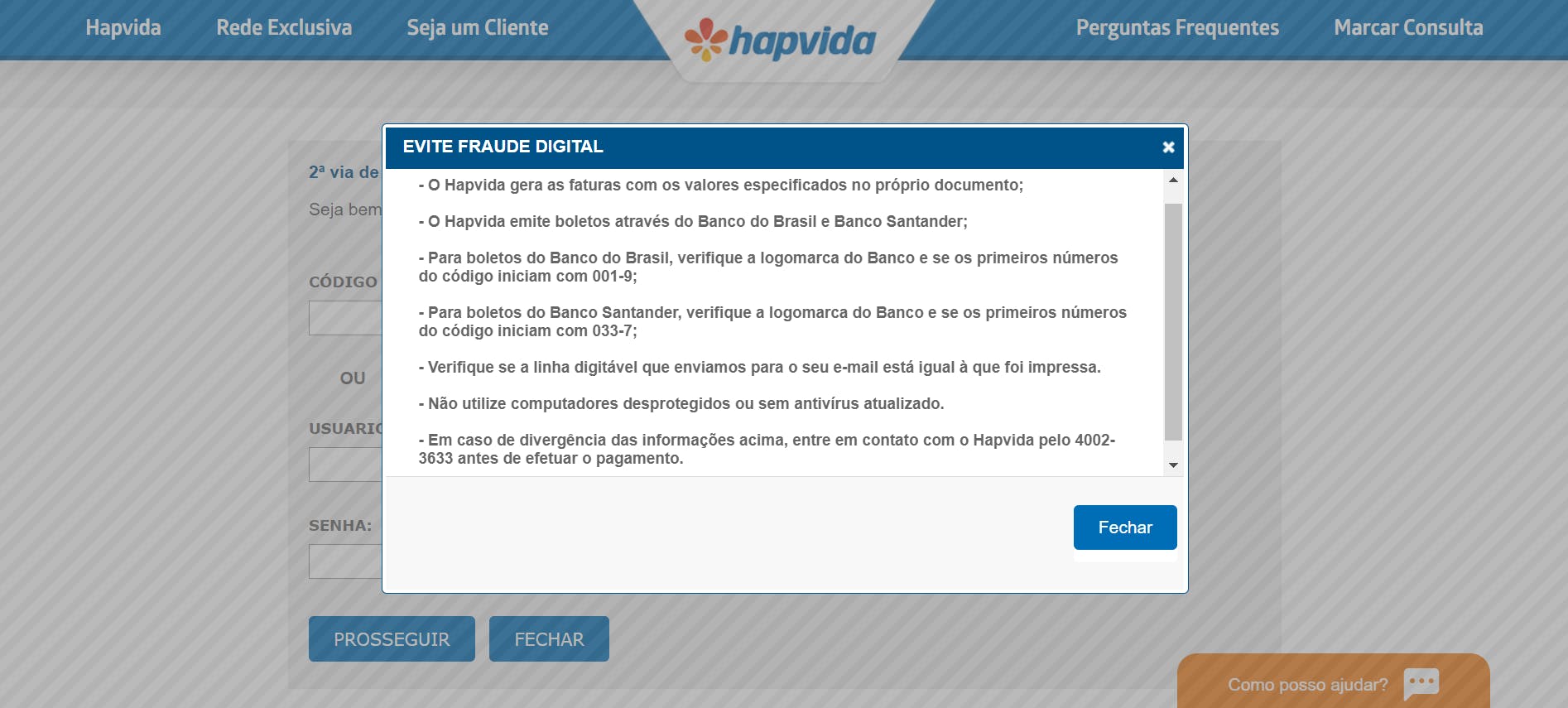 Aviso sobre fraudes e autenticidade dos boletos Hapvida empresarial.