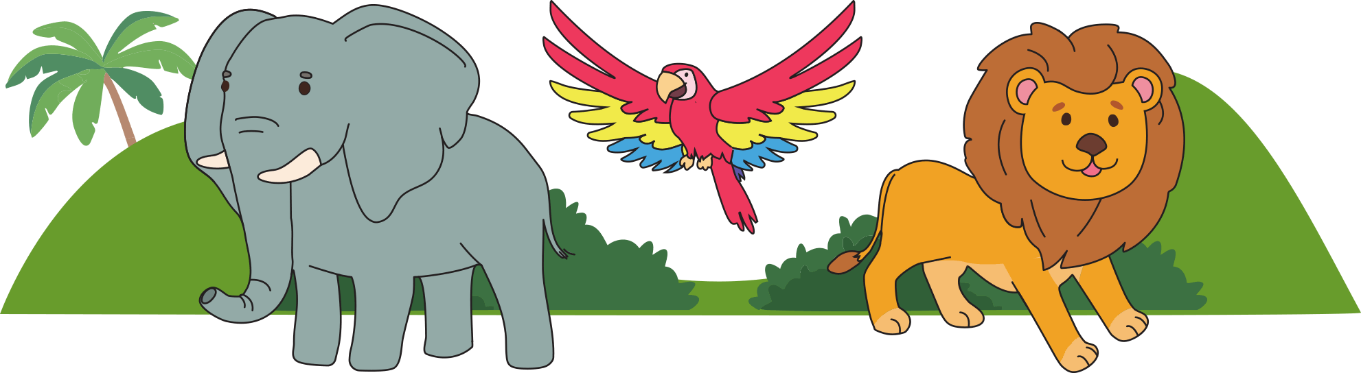 Illustration of an elephant, parrot and lion in front of a jungle background
