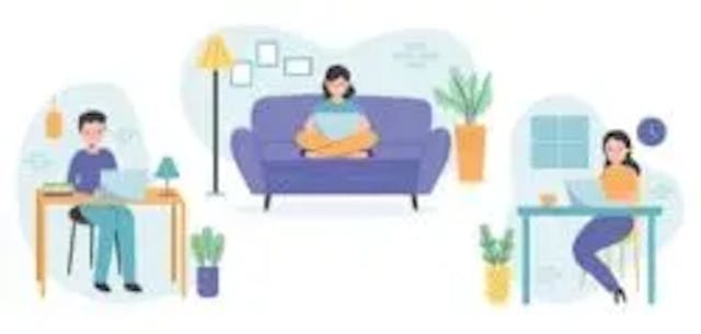 three employees working remotely as part of a hybird work model