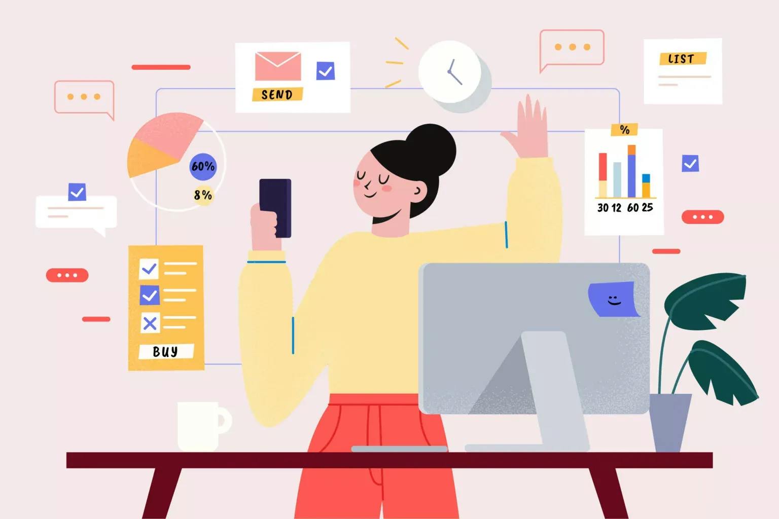 Worker juggling multiple tasks to show work from home productivity