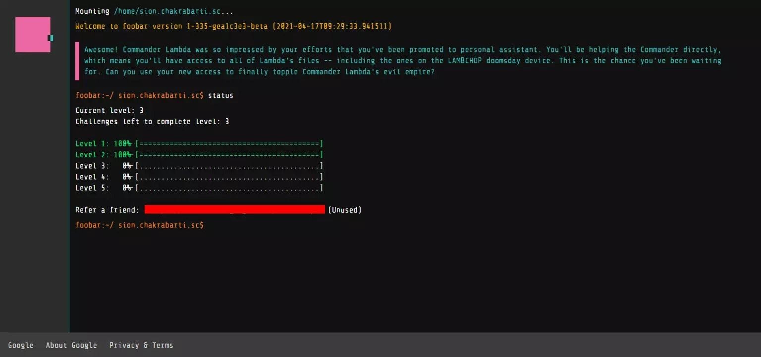 Google foobar challenge window once you complete level 2.webp