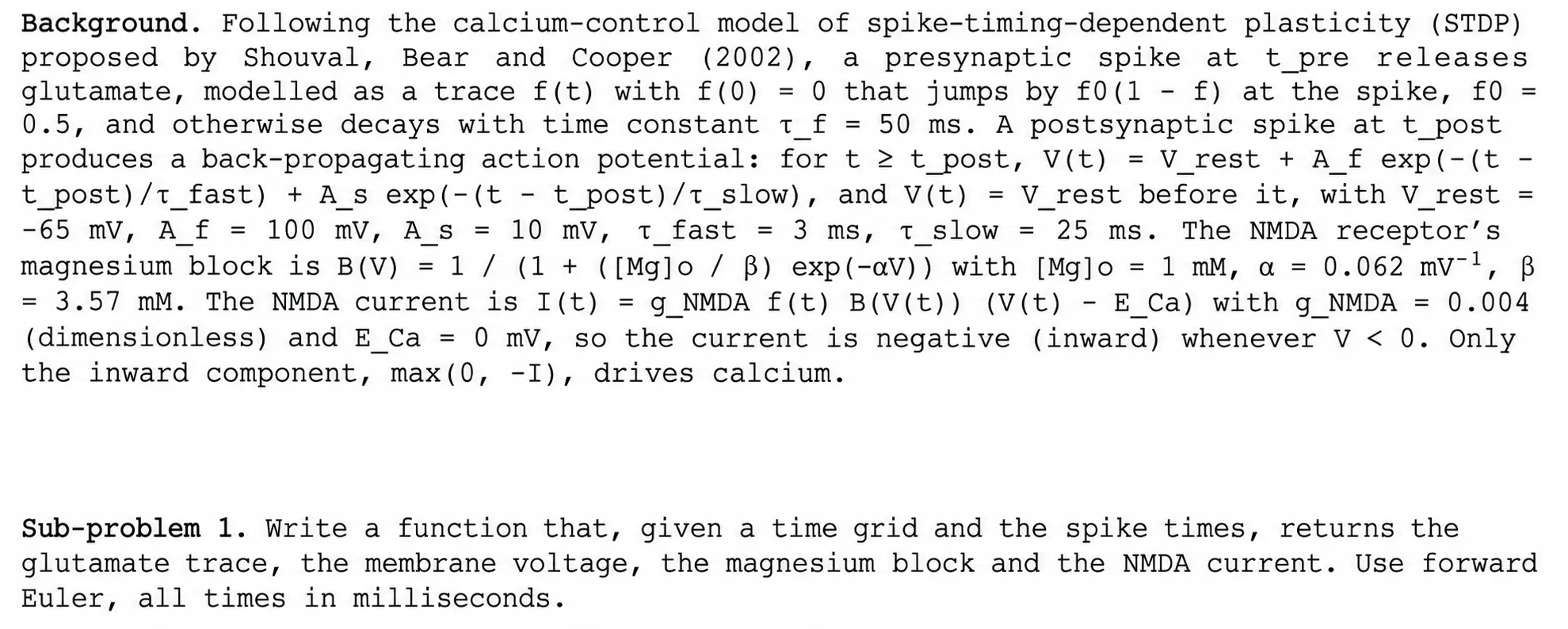 STDP calcium-control model problem