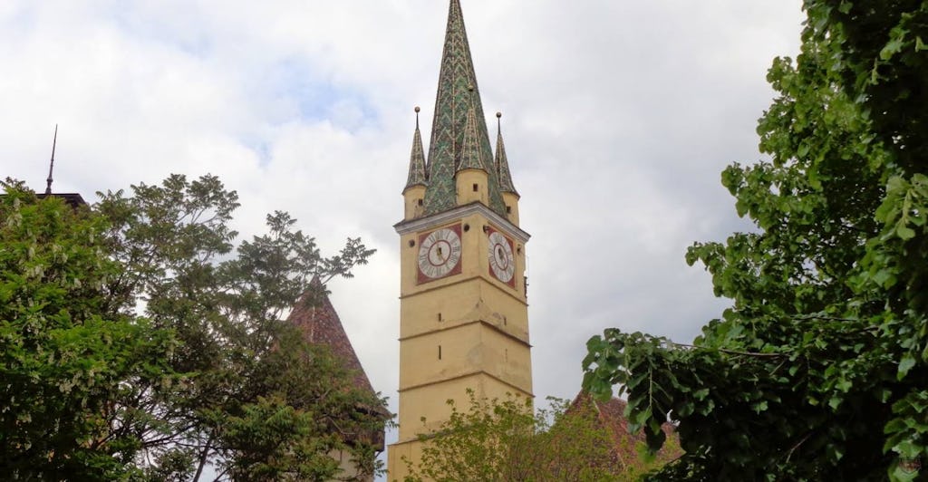 Trompeterturm Mediasch hinder der Bäume