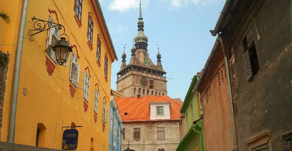 Old tower view from the medieval streets of Sighisoara