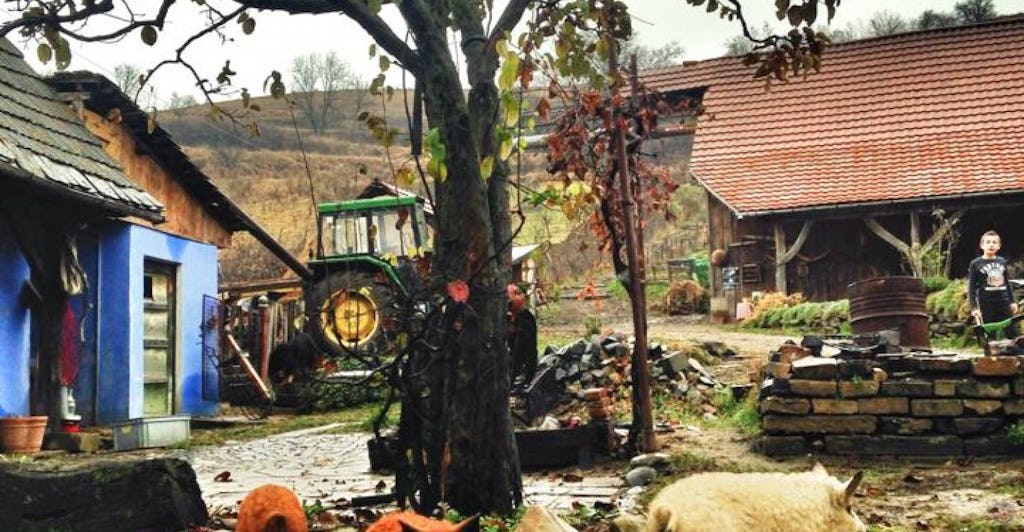 Bio farm with tractor and barn