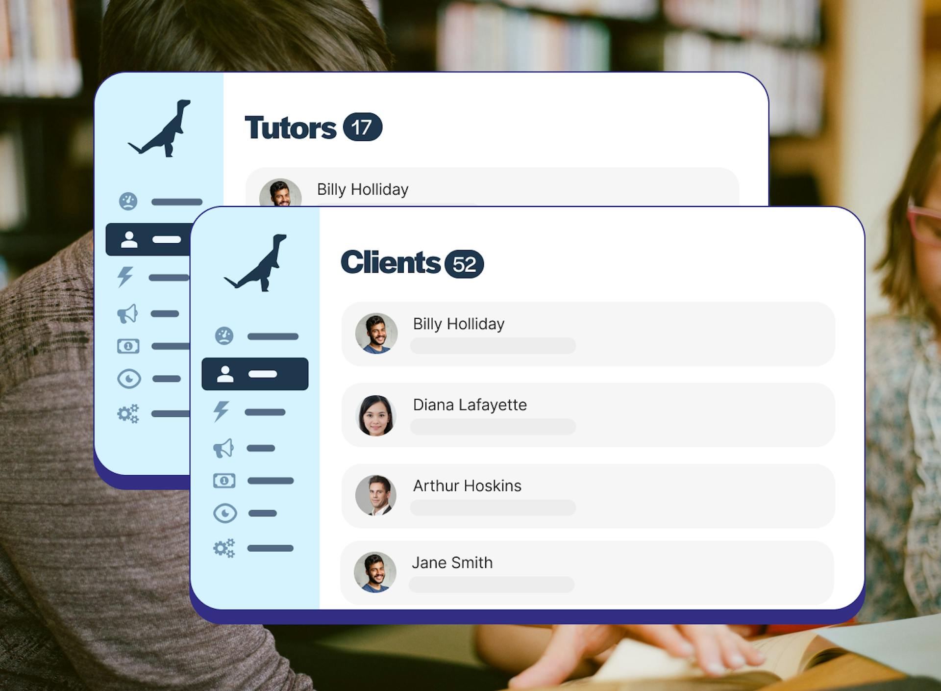 TutorCruncher dashboard displaying tutor and client lists with names and profiles for streamlined management.