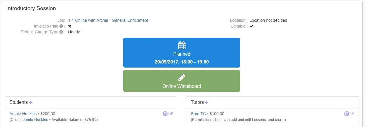 The students and the tutor can access the online whiteboard by clicking the online whiteboard link on their lessons page