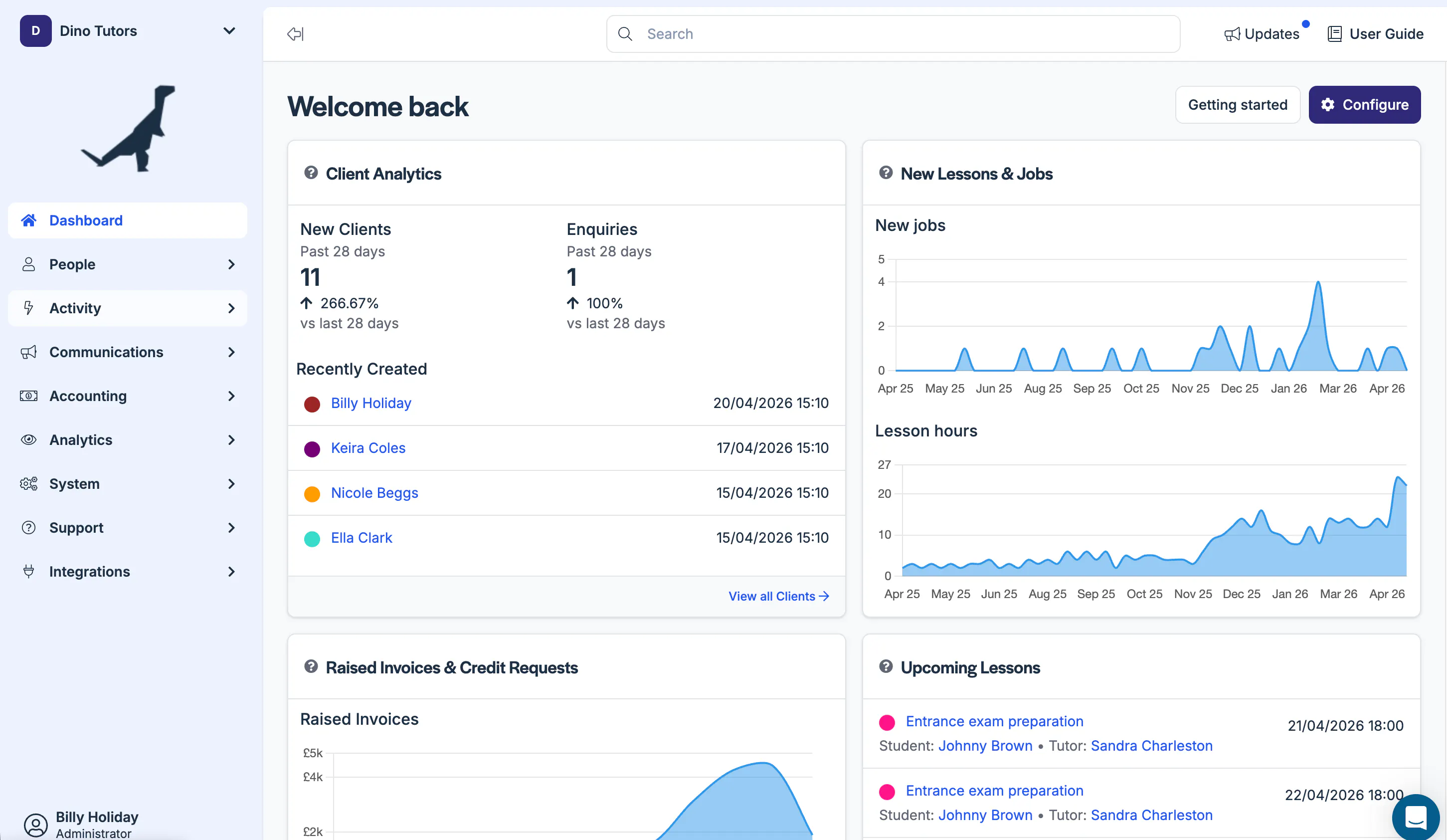 TutorCruncher's dashboard for tutoring businesses