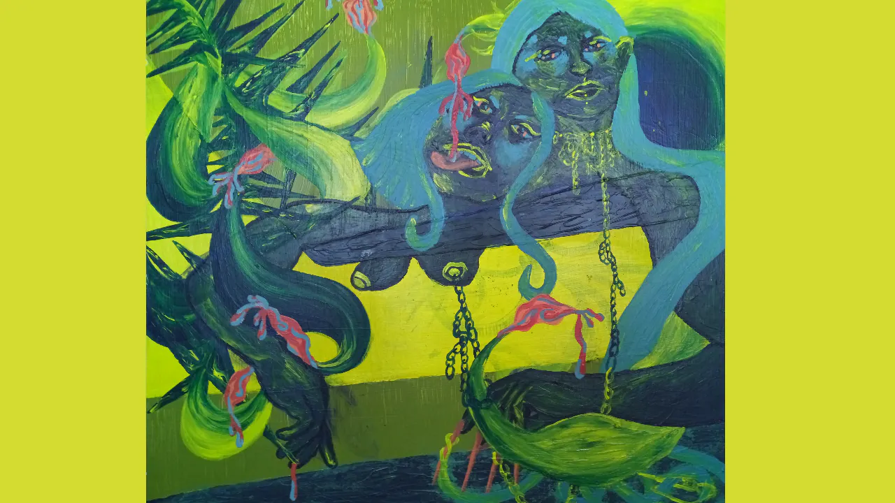 two feminine creatures in a dream like tropical surrounding