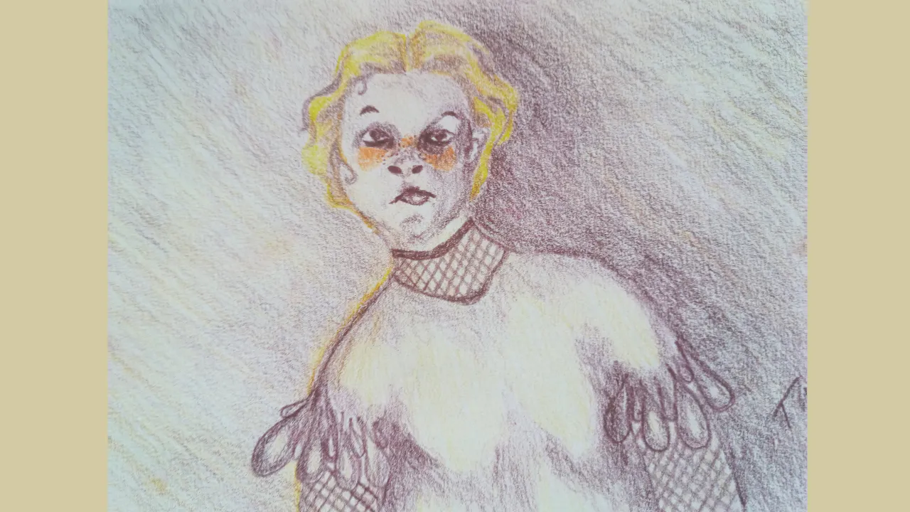 person with short hair, orange blush and fishnet shirt