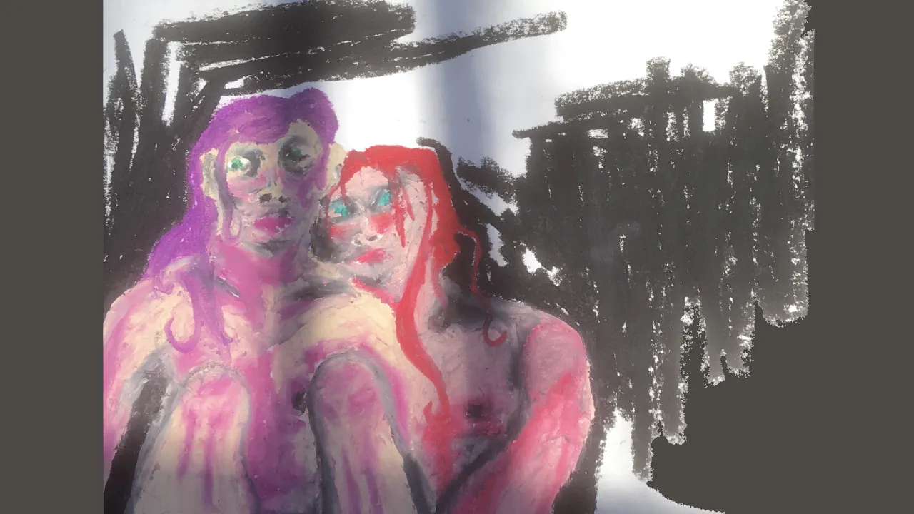 two humanlike creatures supporting each other in the dark