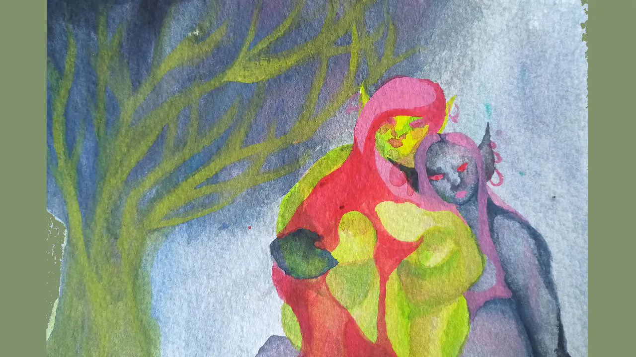 two fauns sitting under glowy storming tree 