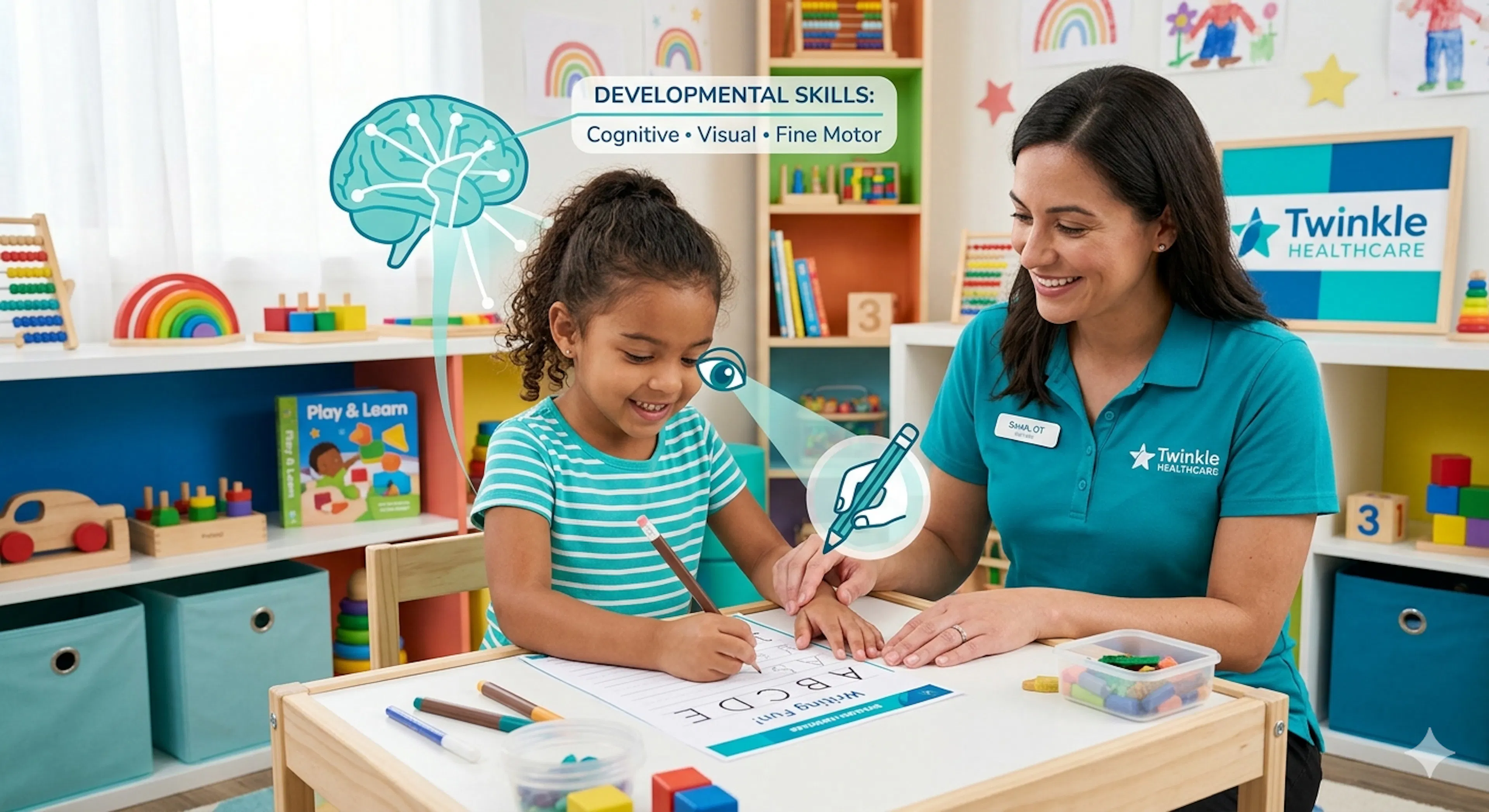 A young child practicing handwriting with an occupational therapist providing guidance.