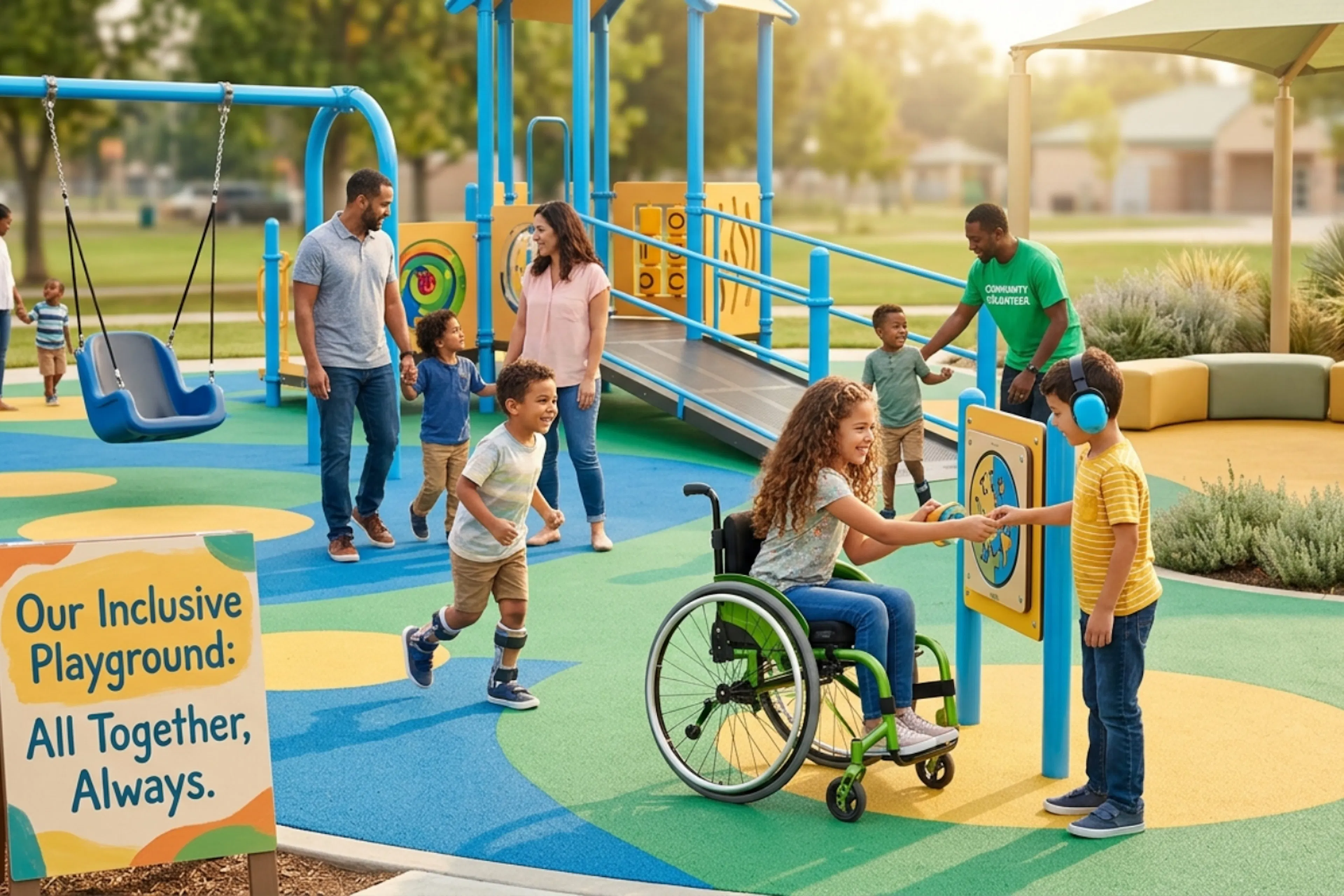 Children of different abilities playing together in an inclusive playground or community setting.