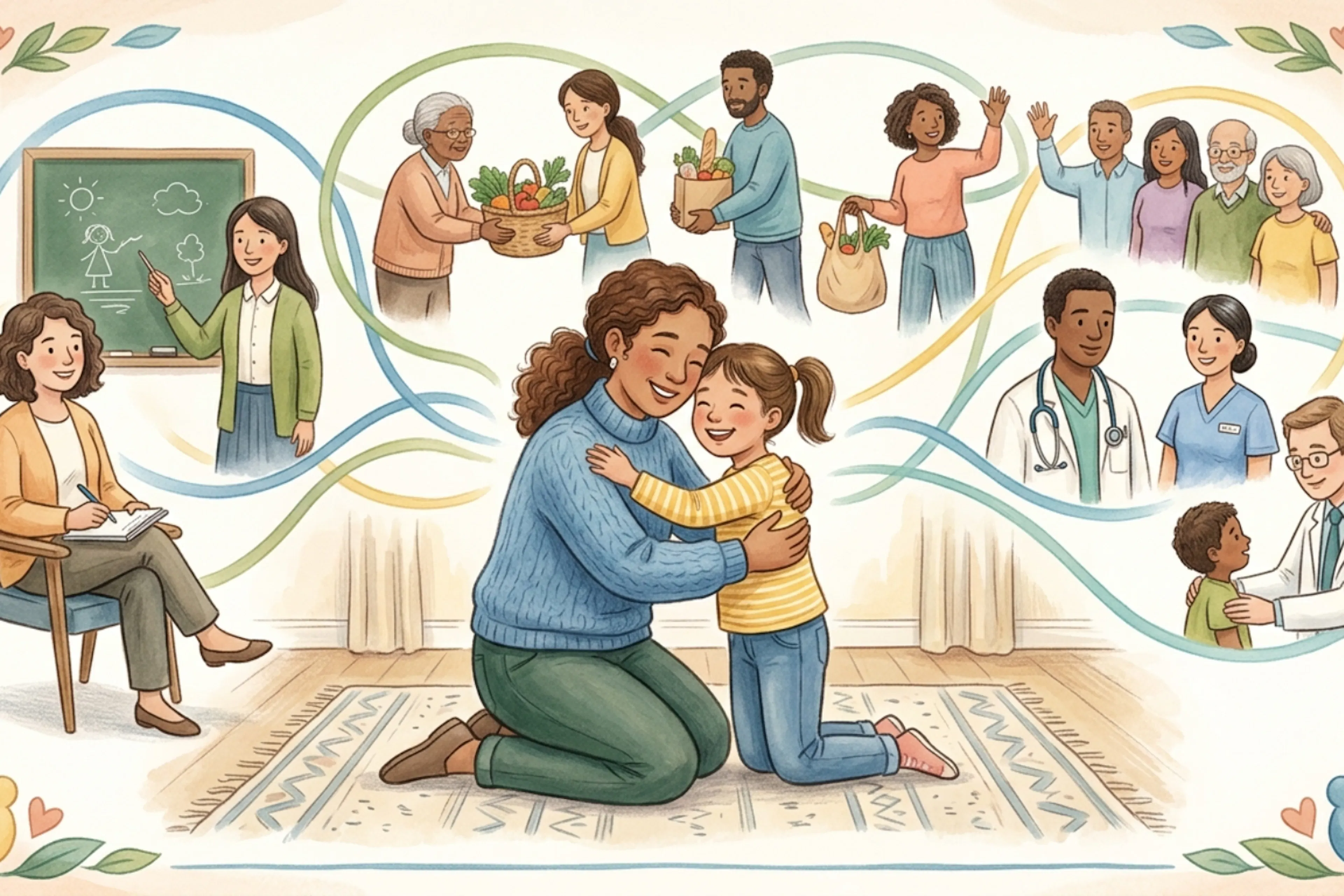 A parent or caregiver kneeling to embrace their child while smiling