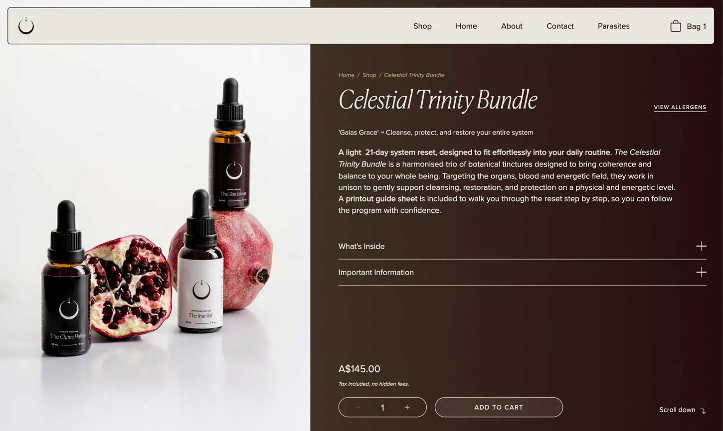 detailed product page for wellness brand