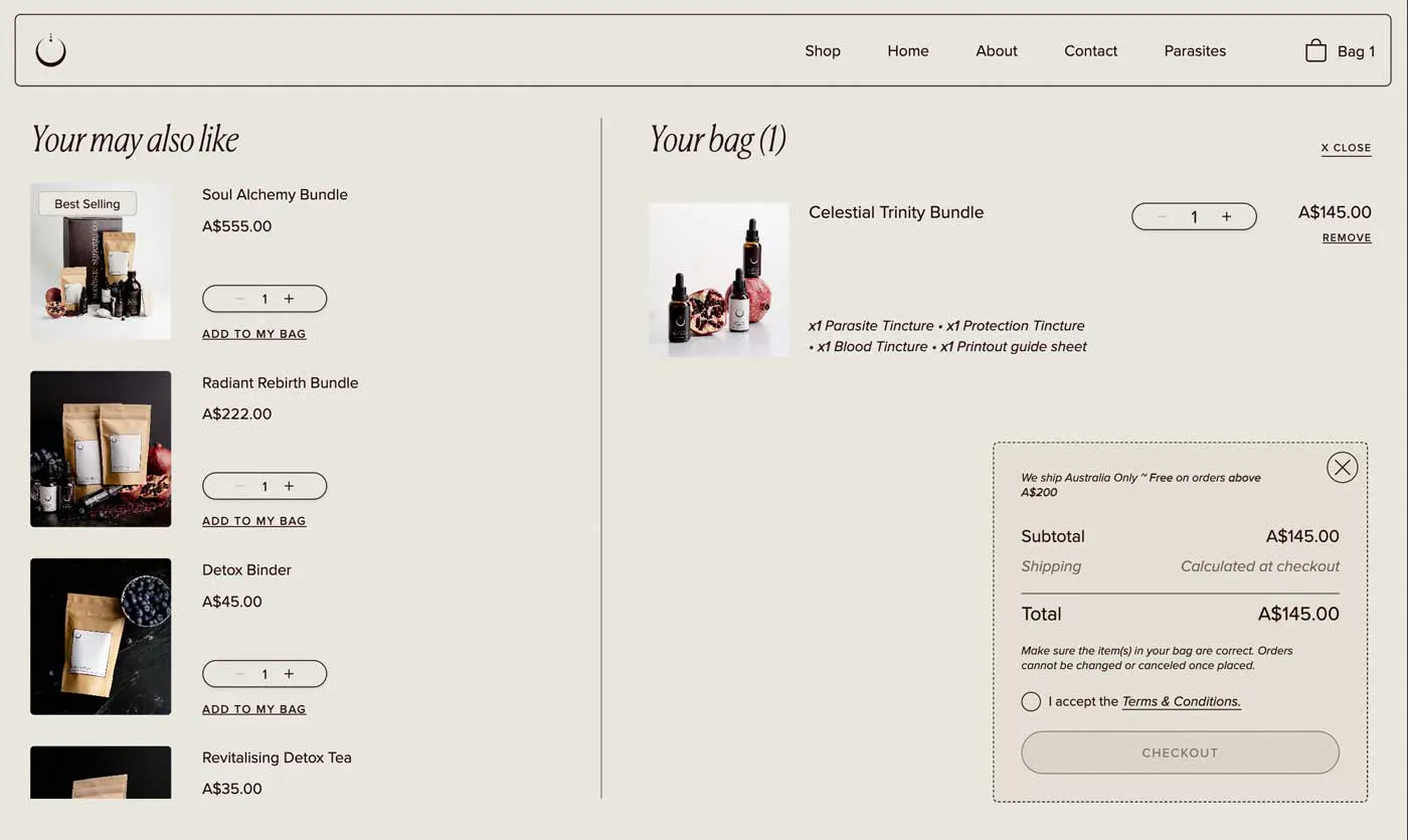 cart page for wellness brand