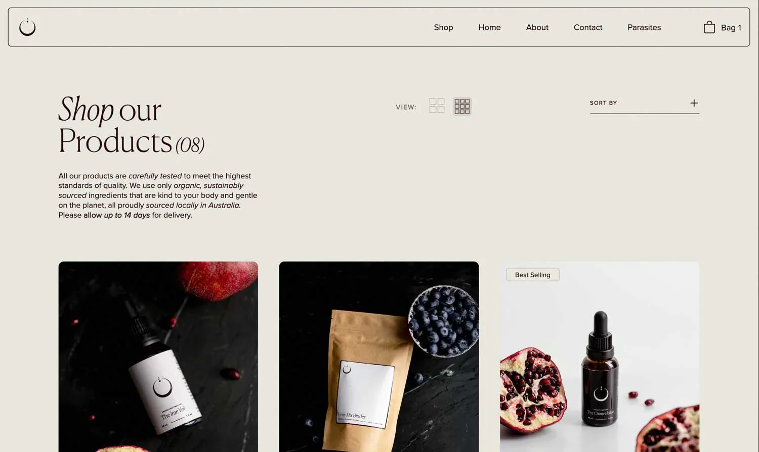 products page for wellness brand