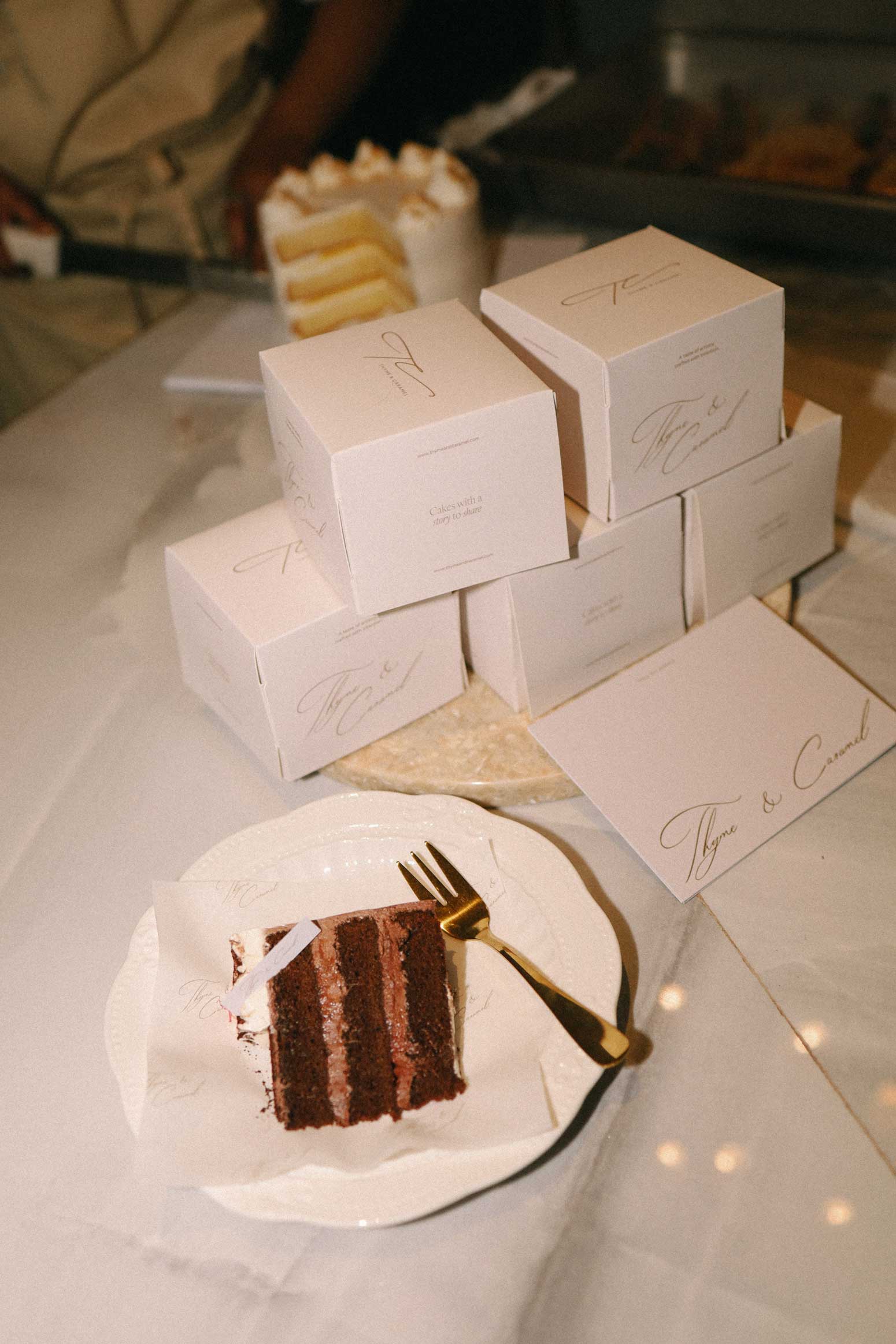 packaging design placed next to delicious looking cake