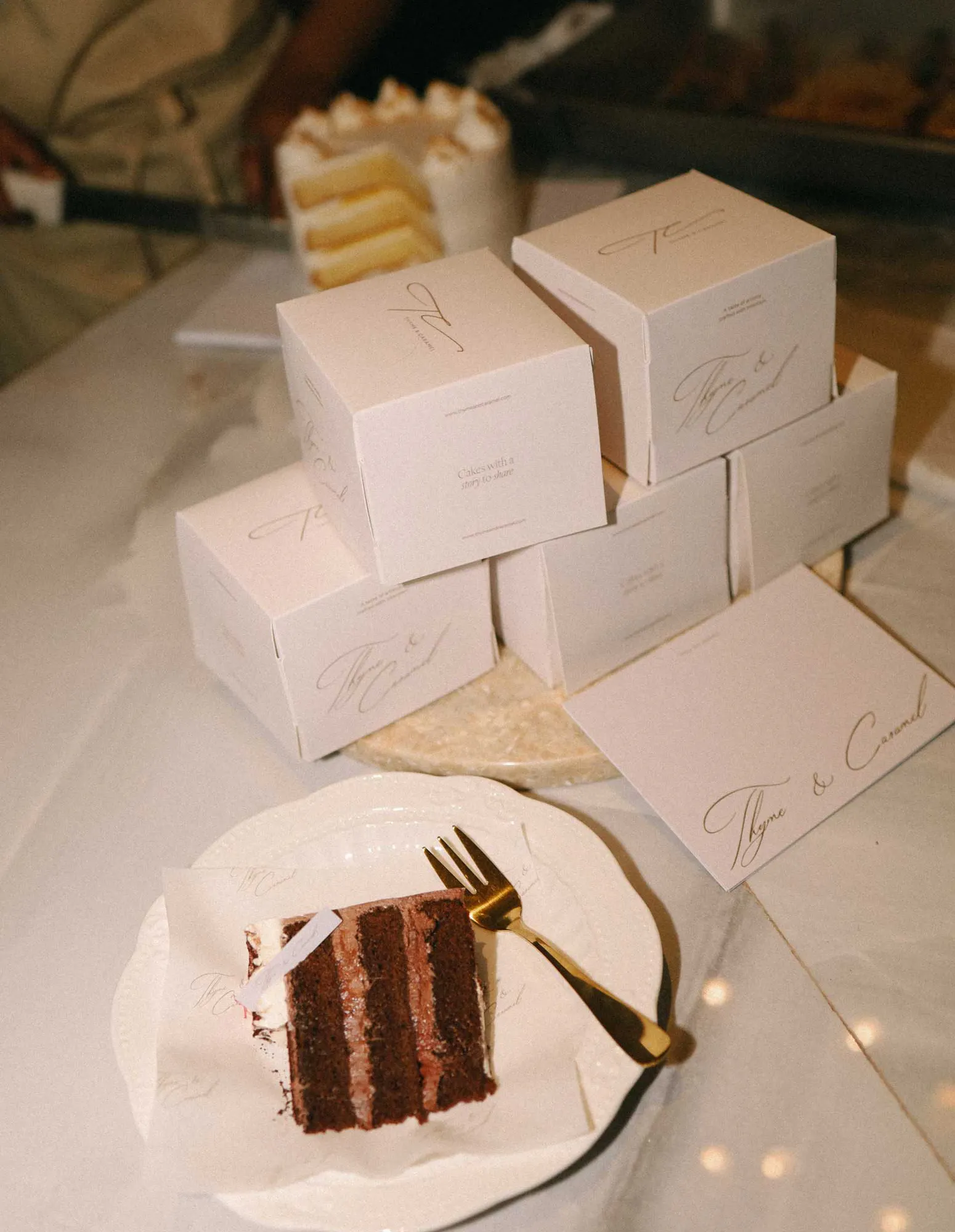 packaging design placed next to delicious looking cake