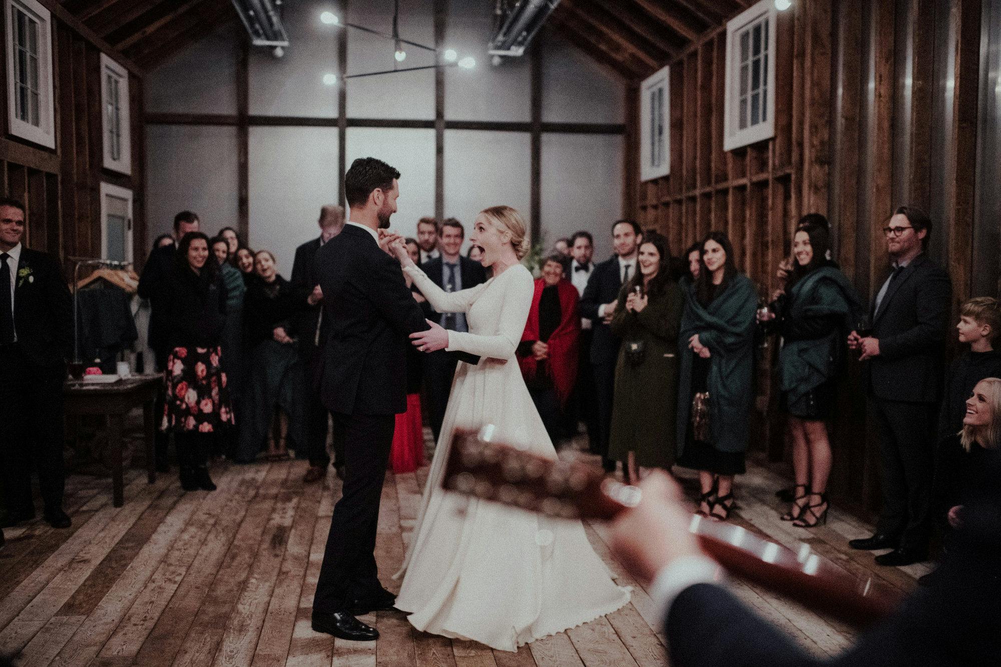 first dance in the barn at floating farmhouse