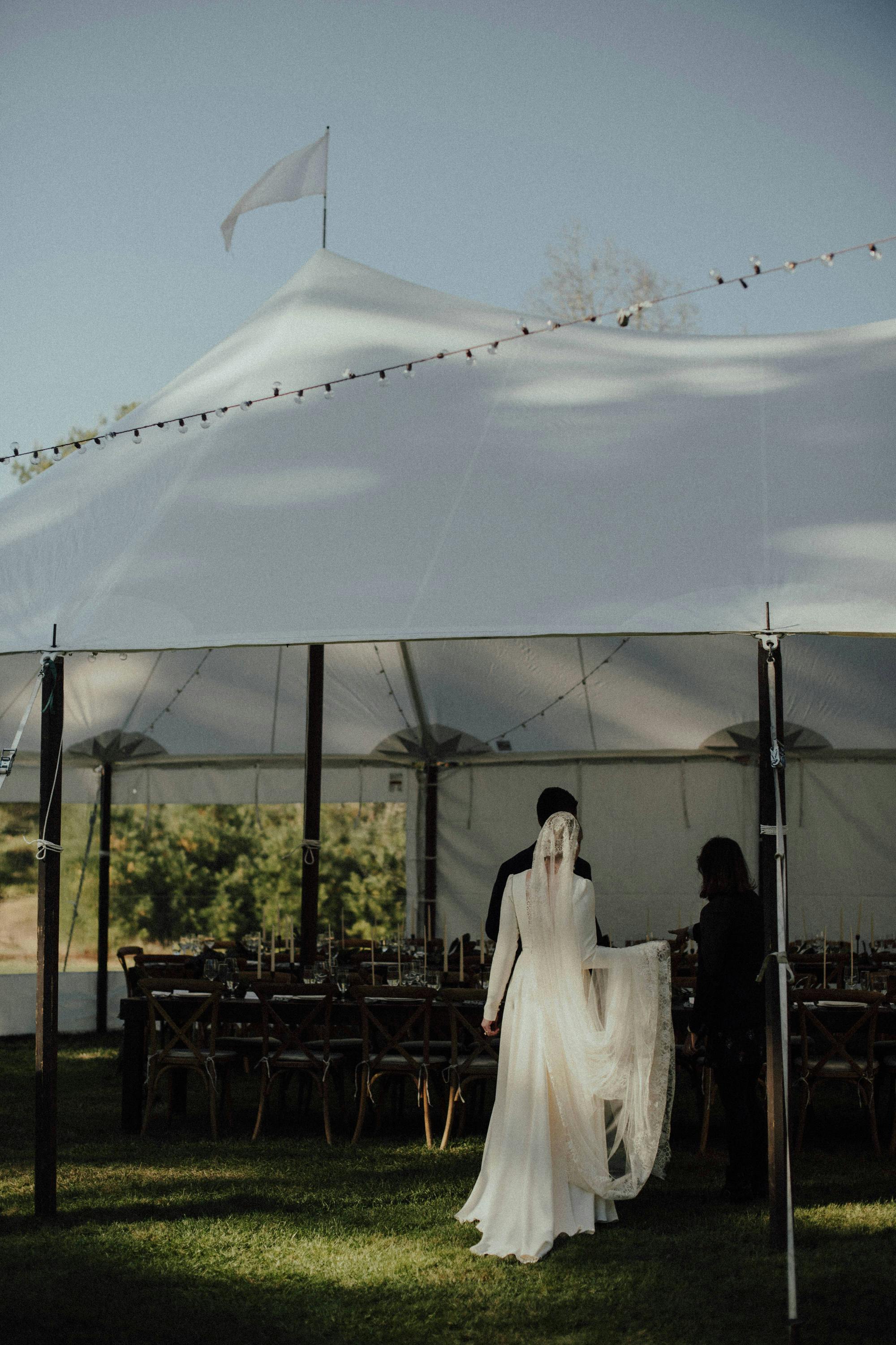 tent with flag wedding reception space