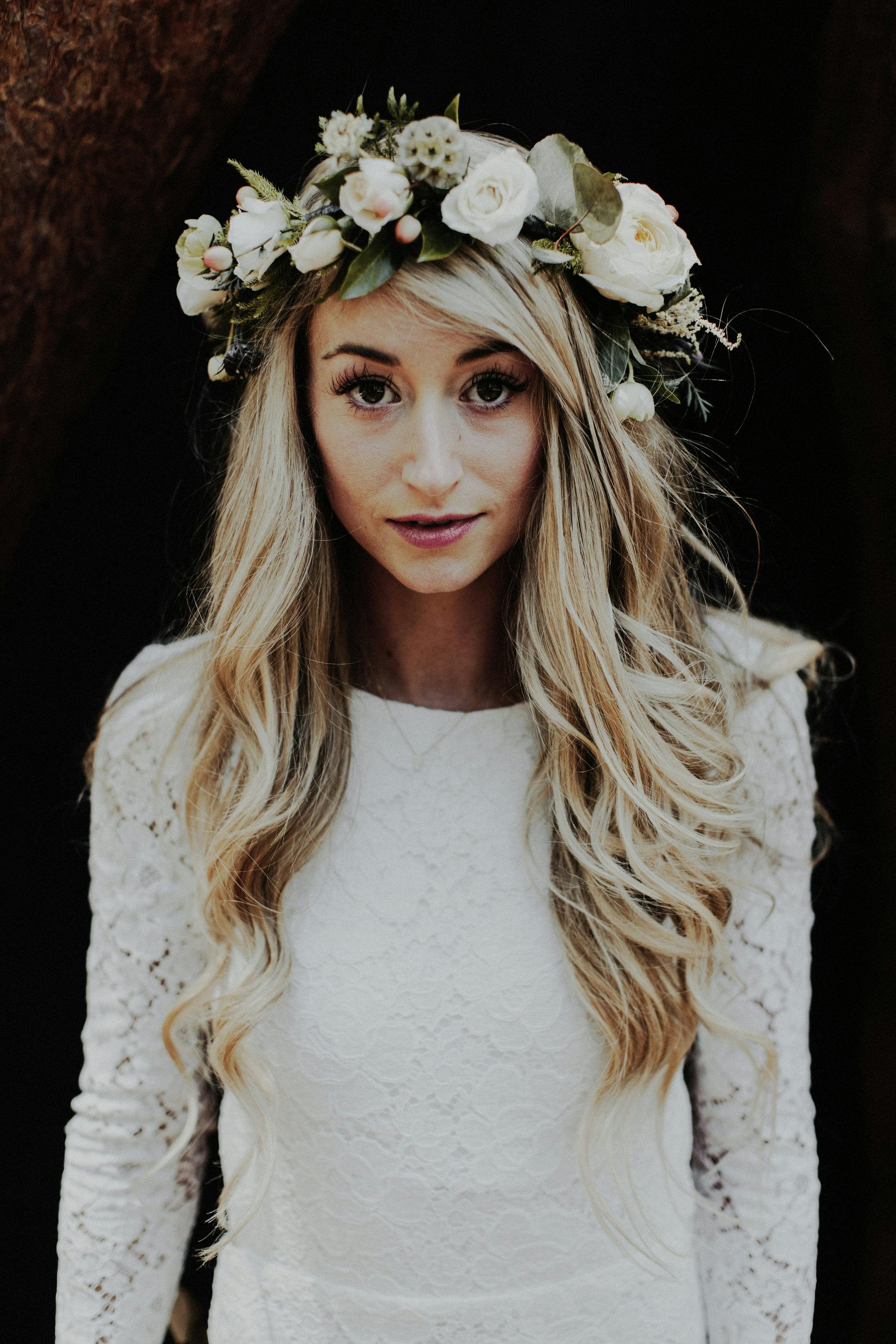 bride with floral crown in yosemite