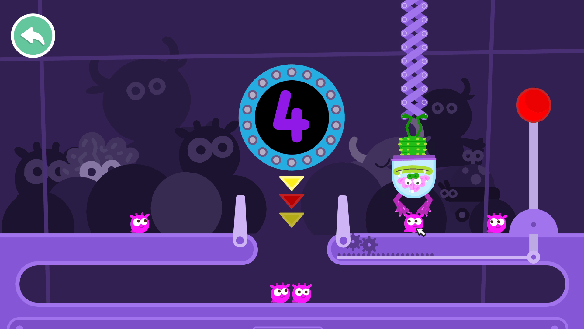 The claw game. A monster dangles by it's feet, attempting to make the number 4