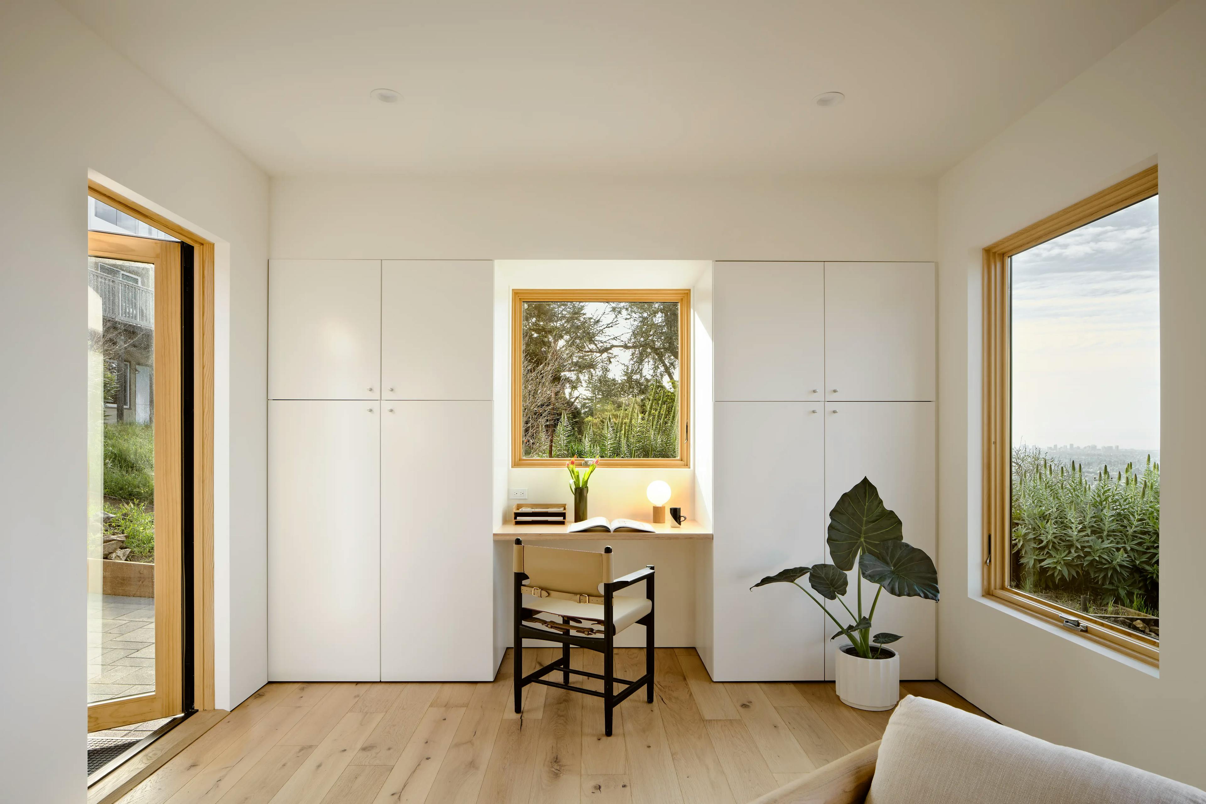 Interior of a Type Five ADU with built-in desk and storage