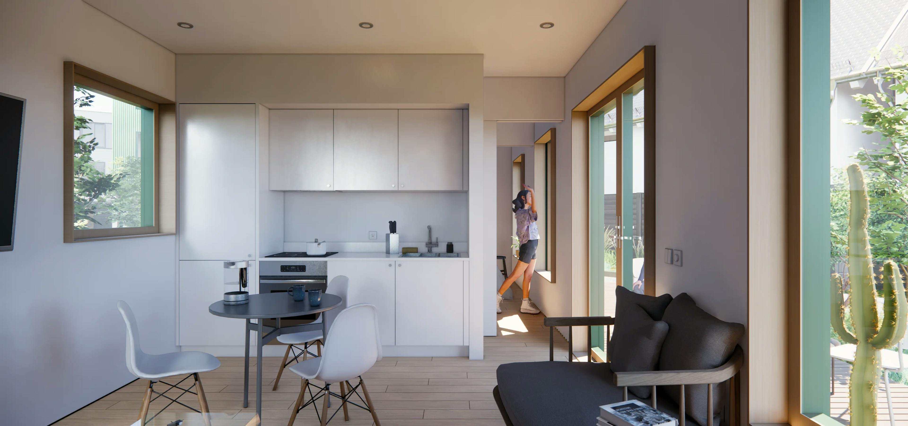 Interior rendering showing a Type Five open kitchen design