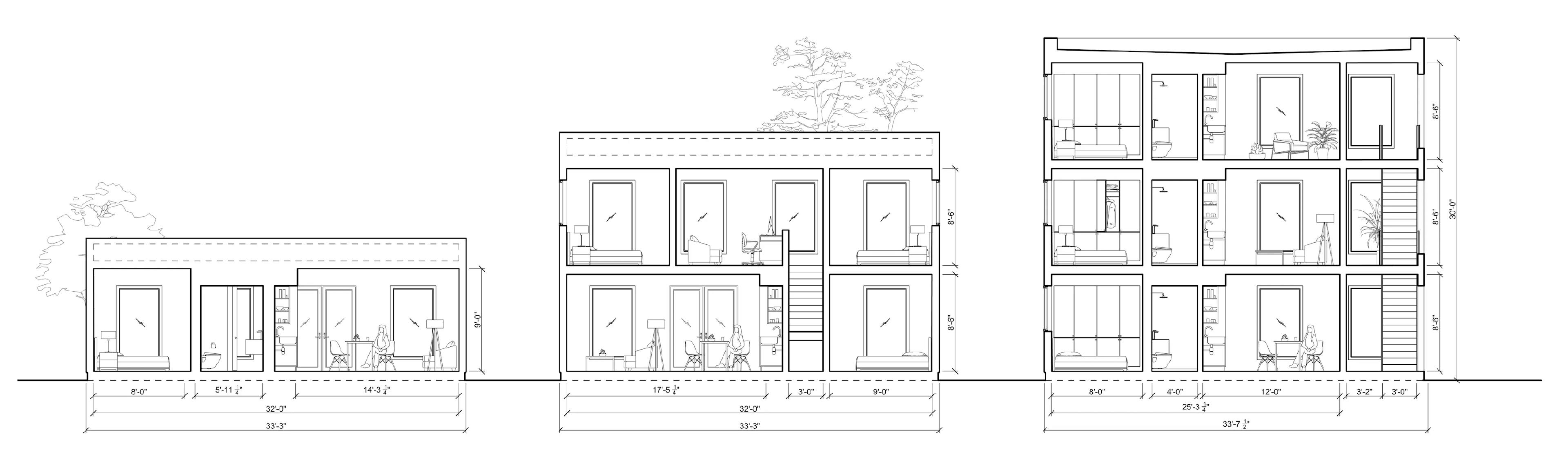 Section drawings showing interiors of Type Five design submission