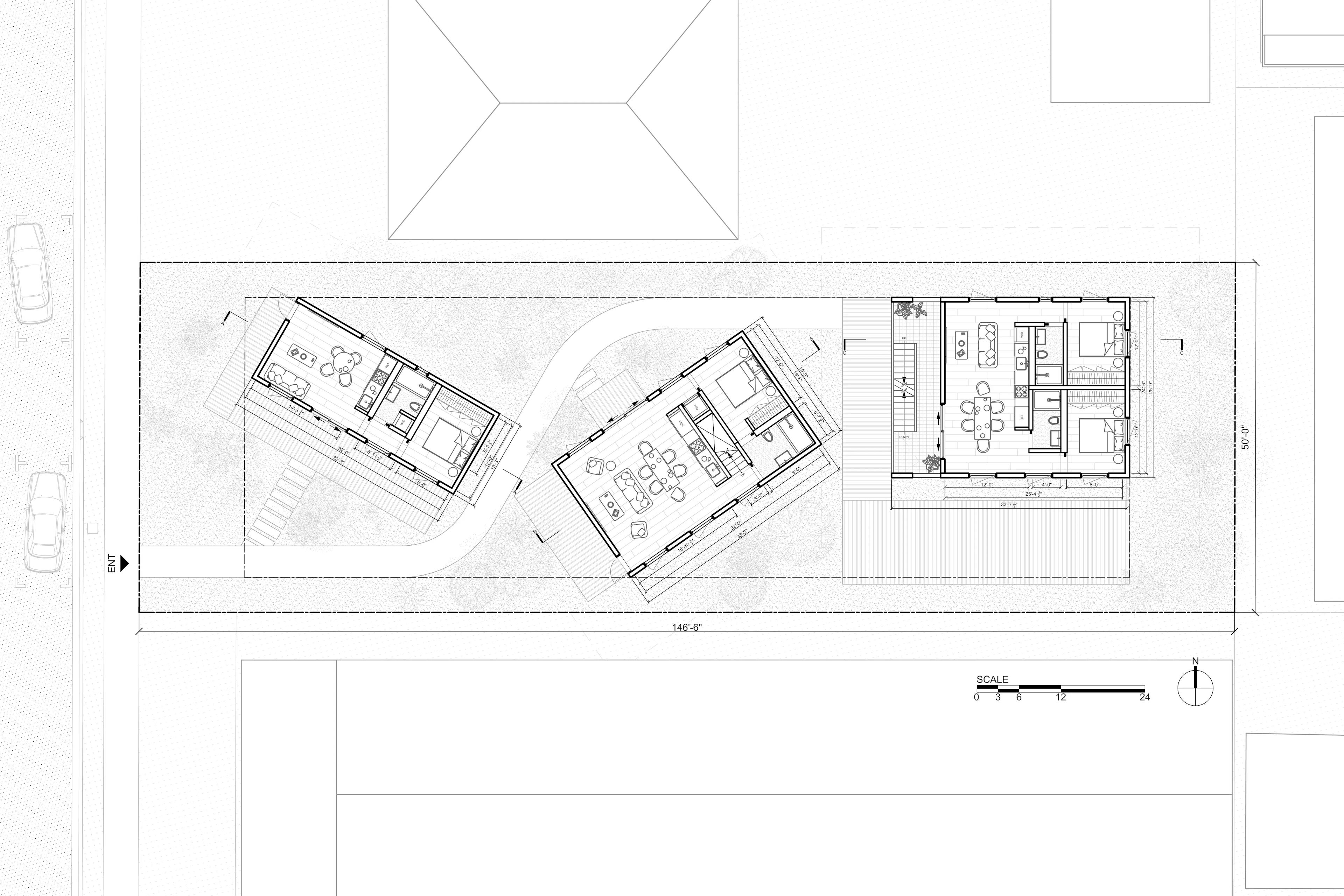 Site plan showing three Type Five building typologies on one lot: a one-bedroom ADU, three-bedroom single-family home, and a 3-unit multiplex.