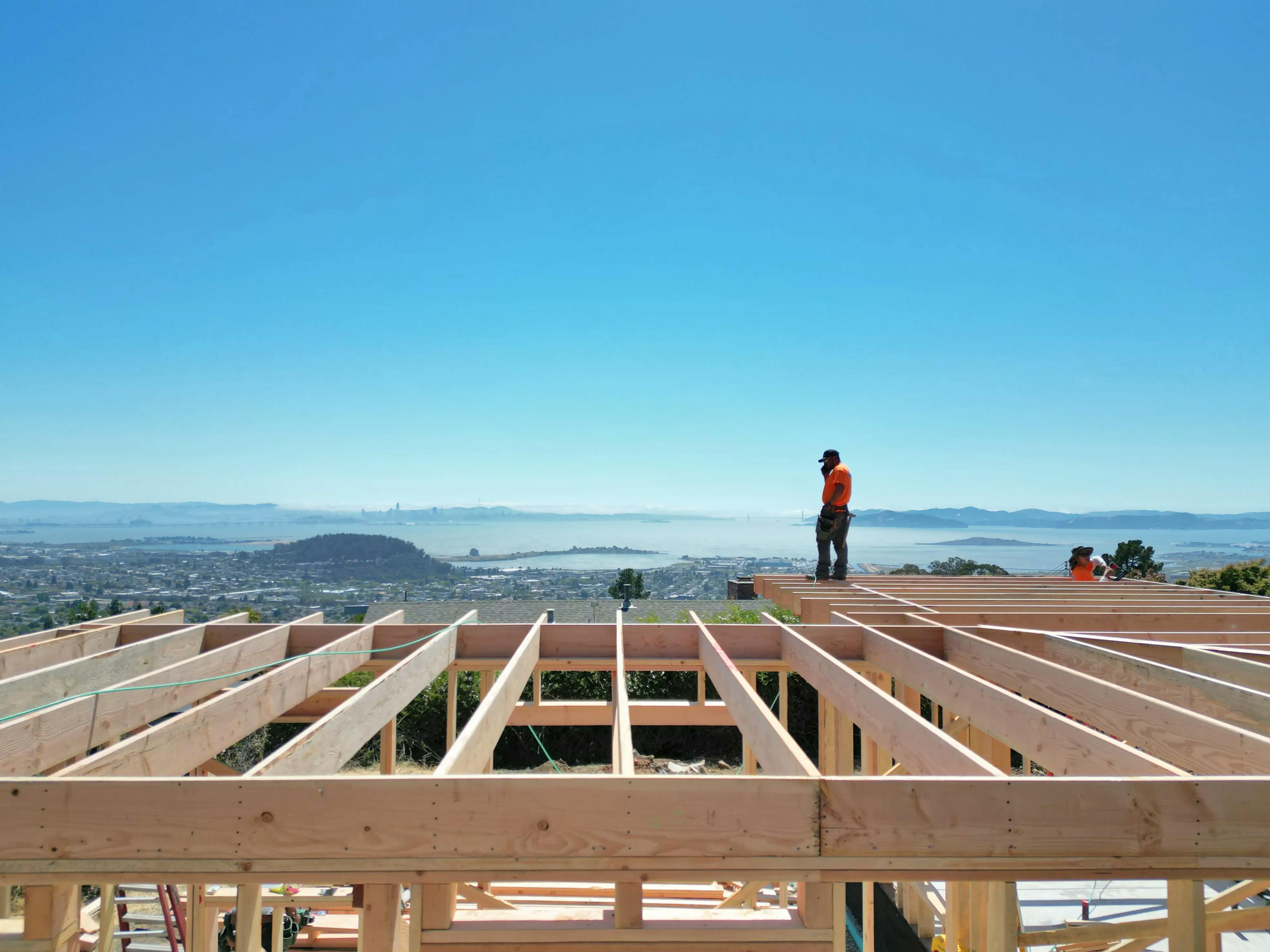 Exterior shot of a Type Five ADU in the framing stage of building\
