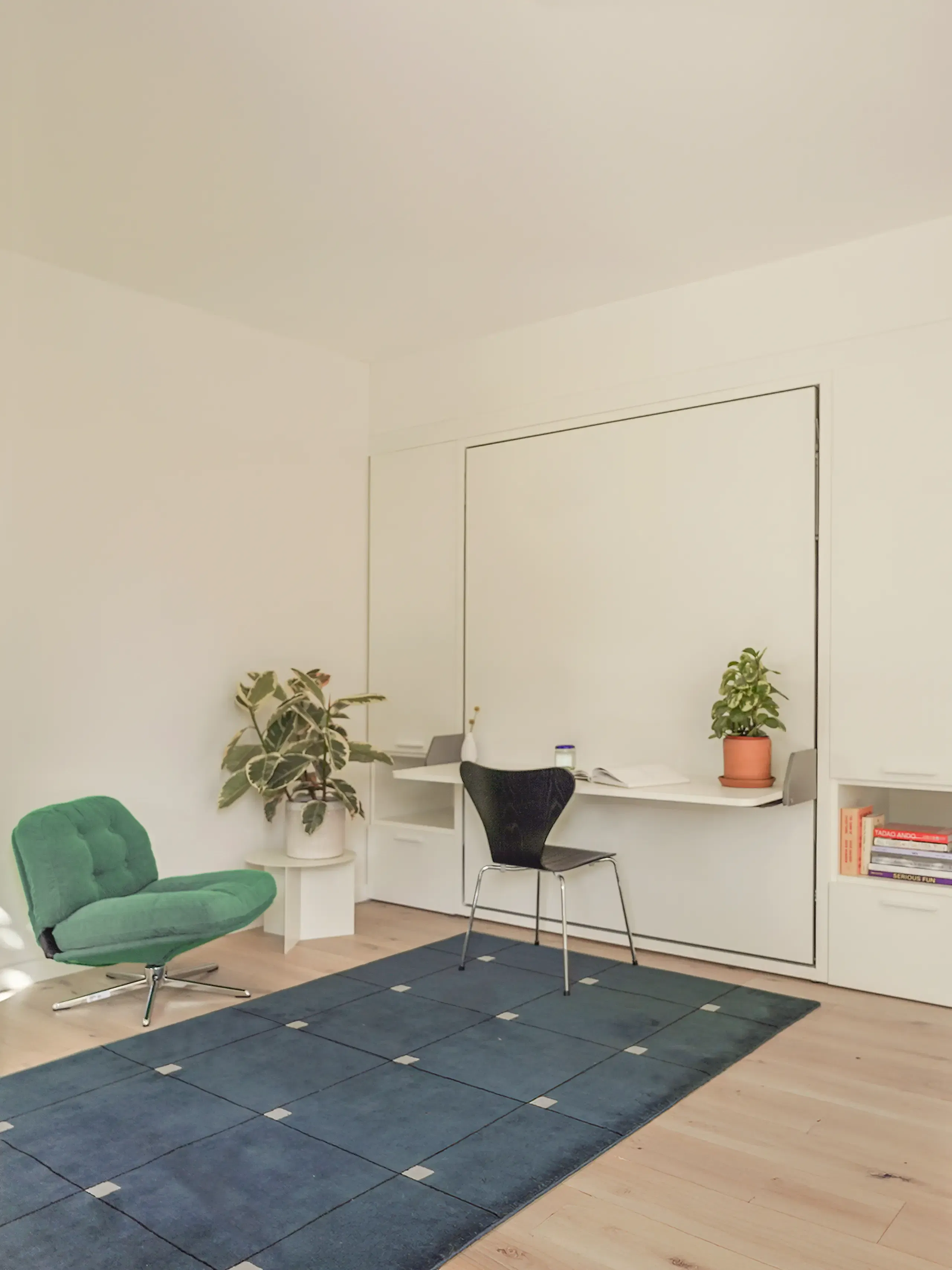 View of a Type Five ADU Murphy bed closed and used as a desk