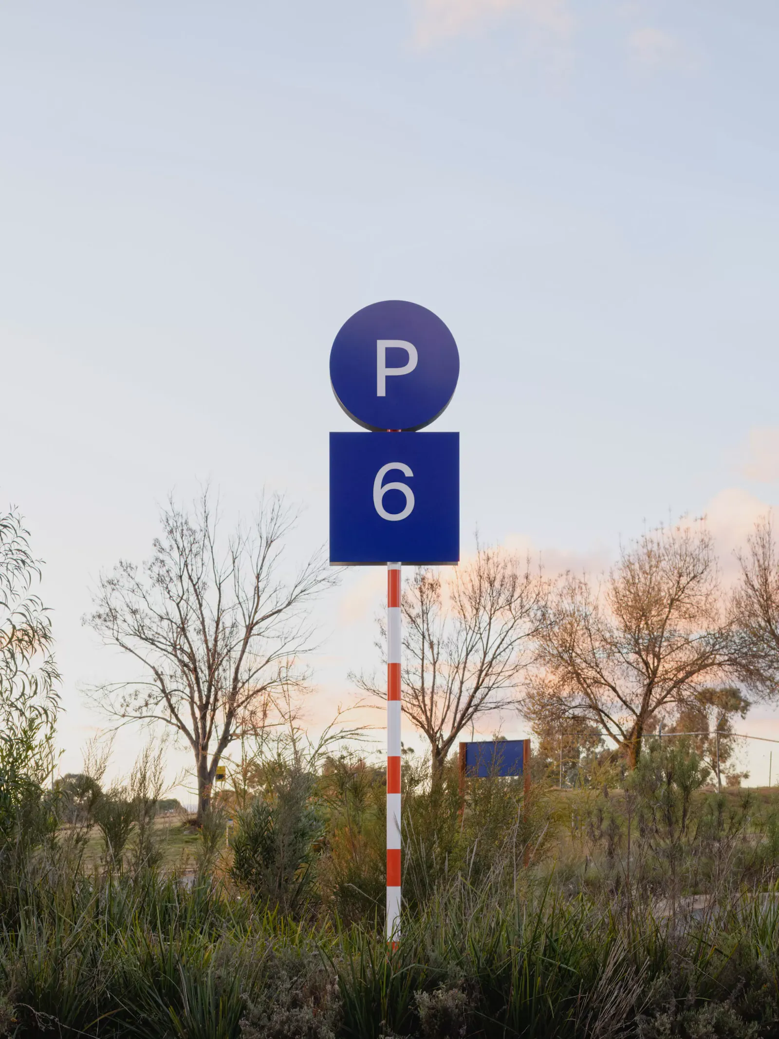Wayfinding signage from the Dairy Road urban design project near the Jerrabomberra Wetlands, ACT. A round blue "P" parking sign sits atop a square "6" panel on a red-and-white striped pole, set against tall wetland grasses and bare trees at dusk. U-P(co)2010