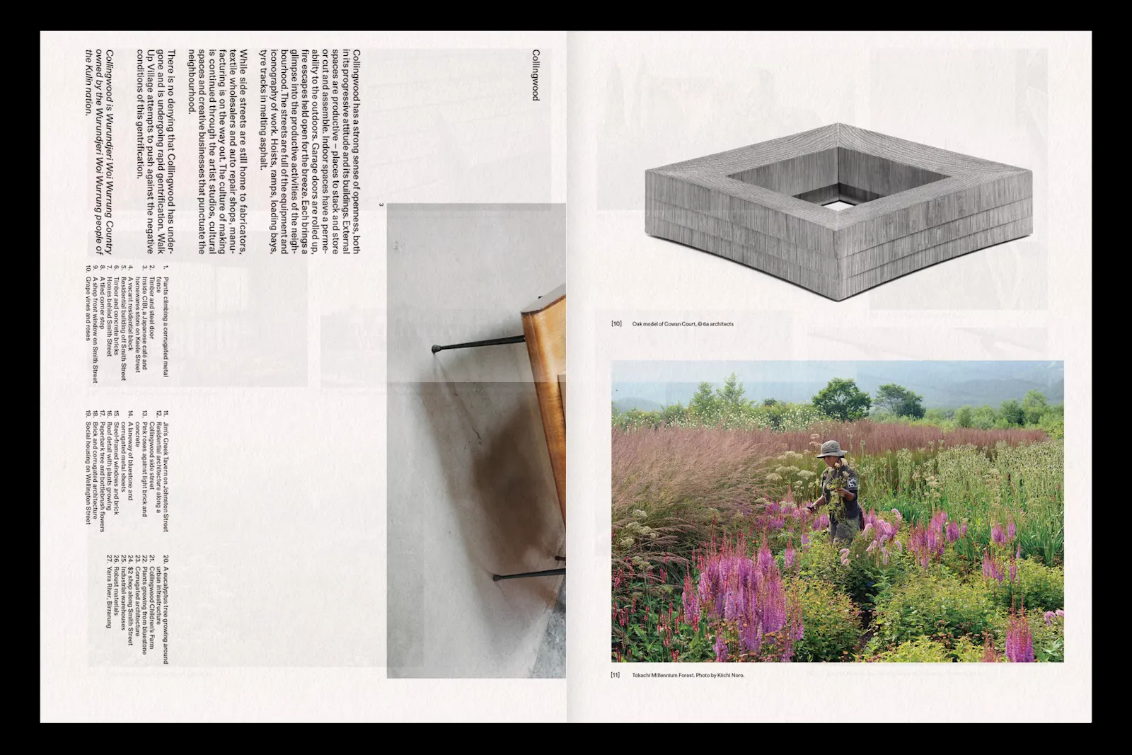 Open spread from the Dairy Road publication. The double-page layout combines columns of text with a greyscale rendering of a square architectural form and a colour photograph of a person standing in a lush meadow of tall grasses and purple wildflowers. U-P(co)2010
