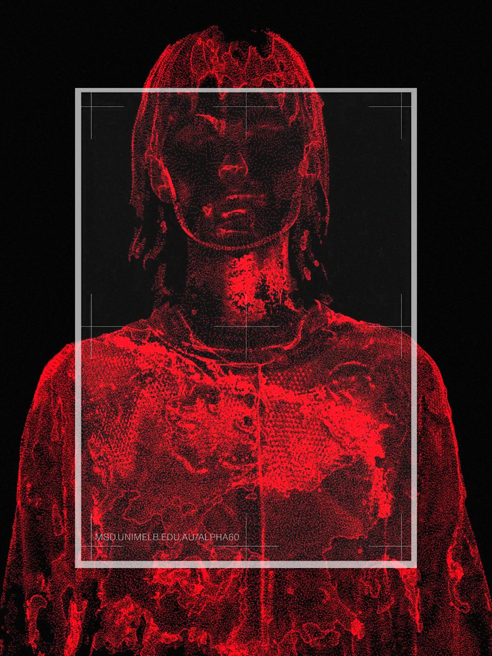 Creative direction for the STORE initiative, Alpha60 x University of Melbourne. A glowing red point-cloud 3D scan of a person's head and shoulders floats against a black background, framed by thin white registration lines, with a URL caption reading "m3d.unimelb.edu.au/alpha60." U-P(co)2010