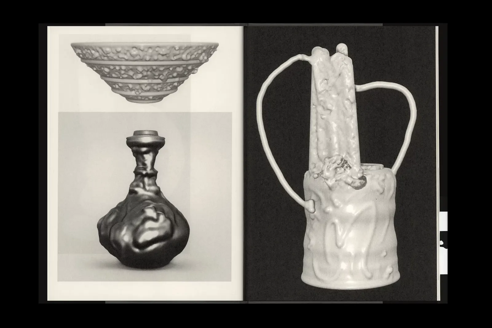 Publication spread from Techno Fossils. A double-page layout on a black ground pairs a greyscale photograph of a melted, drooping vessel-like form with a glossy white 3D-printed object resembling a distorted jug or handled cup. U-P(co)2010