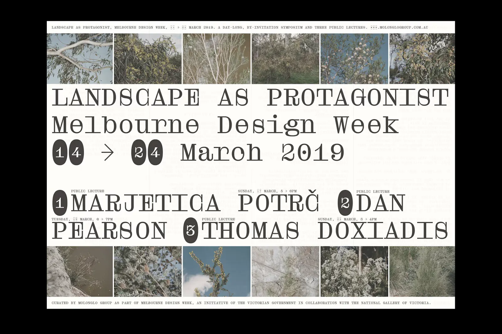Identity and promotional graphic for Landscape as Protagonist at Molonglo. A monochrome poster set in bold monospaced typography announces the Melbourne Design Week symposium, "14 → 24 March 2019," listing speakers Marjetica Potrč, Dan Pearson and Thomas Doxiadis, framed by a grid of small landscape photographs. U-P(co)2010