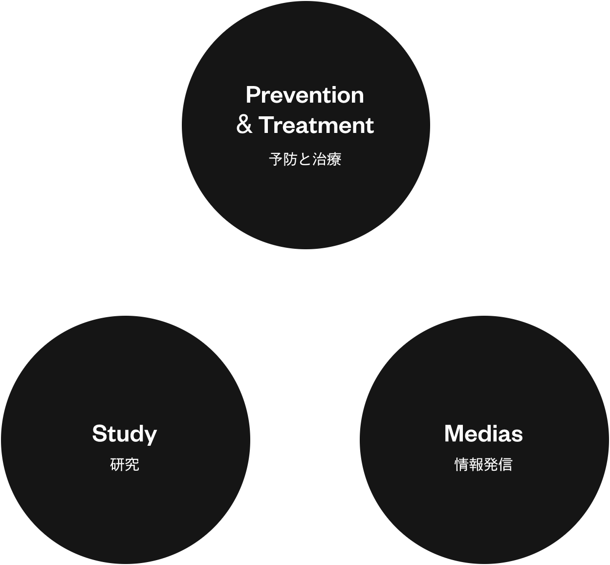 3つの円が描かれており、それぞれが矢印で繋がっている。3つの円の中身はそれぞれ「Prevention & Treatment 予防と治療」、「Study 研究」、「Medias 情報発信」。