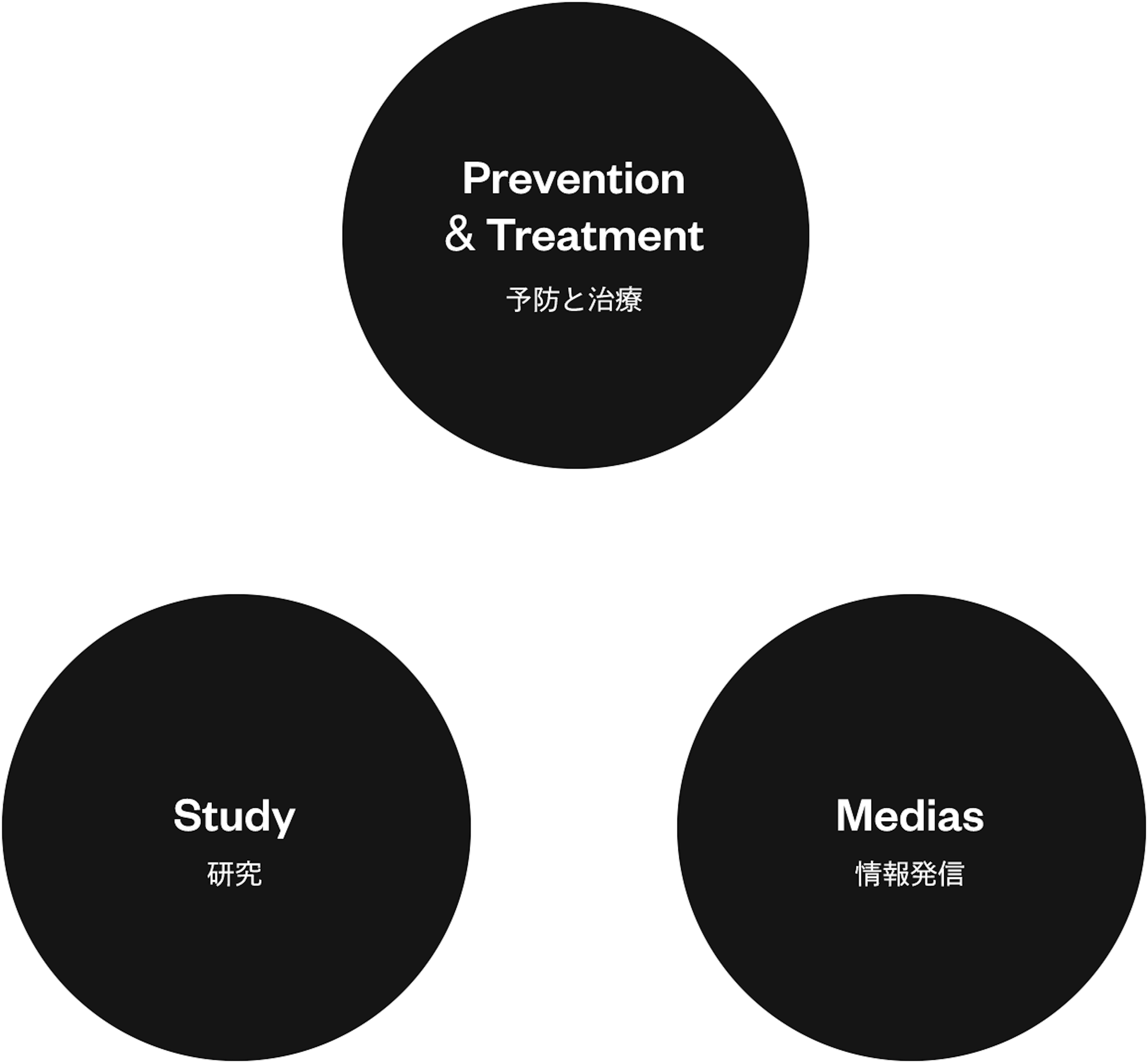 3つの円が描かれており、それぞれが矢印で繋がっている。3つの円の中身はそれぞれ「Prevention & Treatment 予防と治療」、「Study 研究」、「Medias 情報発信」。