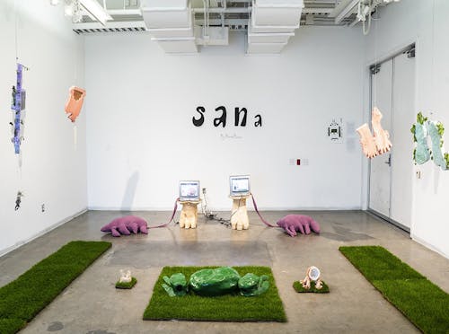 SANA SANA 11 Sculptures to video performances, one live performance installation, Ceramic, grass, textile, turmeric, beets, mint, lavender, motors