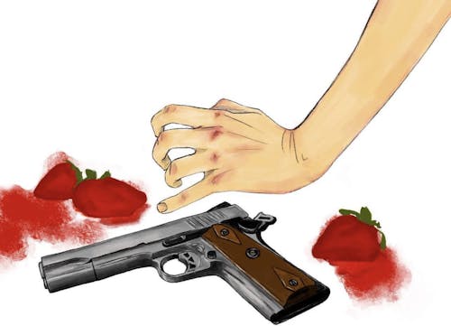 image of a hand with bloodies knuckles, reaching down, about to grasp a gun, surrounded by three smashed strawberries with a pool of red liquid around each strawberry. 