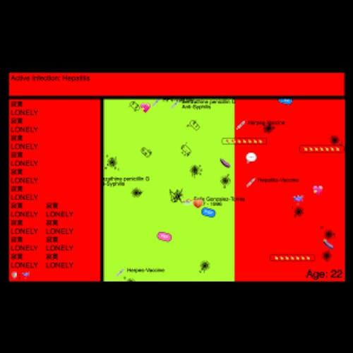 This image seems to depict a game interface with a flat design and vibrant colors. It is divided into three sections. The top section is colored red and displays the text "Active Infection: Hepatitis." In the leftmost section, there are two lists of words, with one list being shorter than the other. The words in the list alternate between the word "LONELY" and its corresponding Chinese characters.  To the right of the left section is the last section, which has a background consisting of two stripes. The left stripe is bright lime in color, while the right stripe is bright red. In this section, numerous small icons are flowing. These icons include a swimmer, a peach, an eggplant, various drugs, a syringe, an umbrella, PEP and PrEP pills, a chat bubble, a heart, a virus, bacteria, and a ball of tangled lines. Adjacent to the syringe icons, there are texts such as "Herpes-Vaccine" or "Benzathine penicillin G Anti-Syphilis." Next to the swimmer icon, the text "Felix Gonzales-Torres 7-1996" is displayed, with Felix's birth year concealed behind a peach emoji.