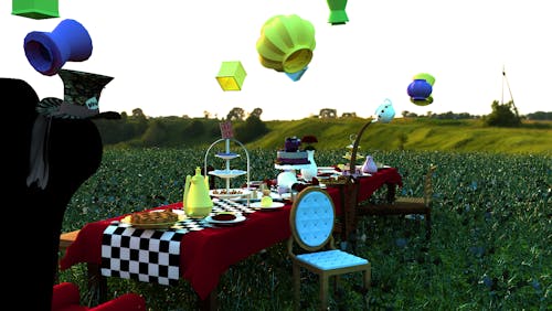 A render of a 3d modeled Alice and Wonderland inspired table set in the middle of a grassy field covered in Tea Party Cutlery and an Assortment of Food.