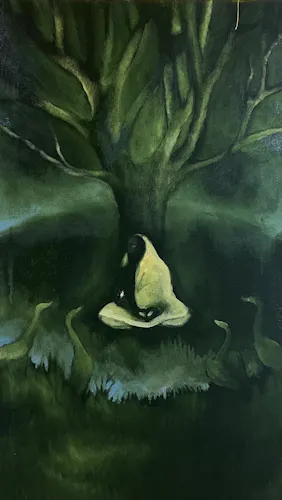 a silhoutte of a cloaked woman is sitting beneath a wide bare oak tree lit from the sides. She is surrounded by a ring of light, and outside the ring there are four swans with their necks outstretched to her