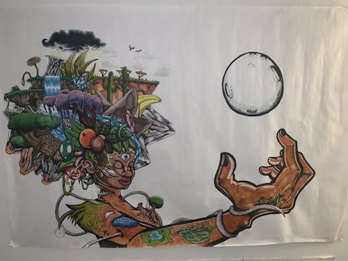 A large scale depiction of a person with an afro made of different environments. Colored with markers and pens, a vibrant scene of greens, blues, and browns.